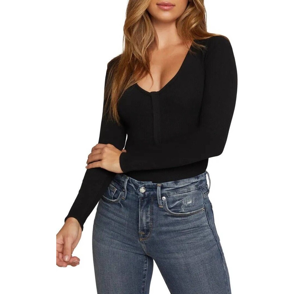 NWT Good American Womens Good Body Snap Henley Bodysuit Size 4(XL) Long Sleeve